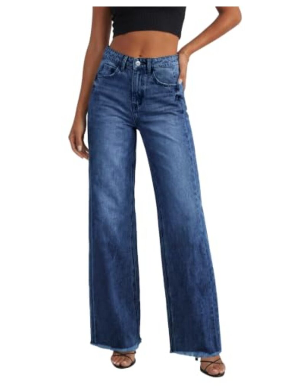 Wide Leg High Waisted Stretchy Loose Fit Raw Hem Jeans with Pockets